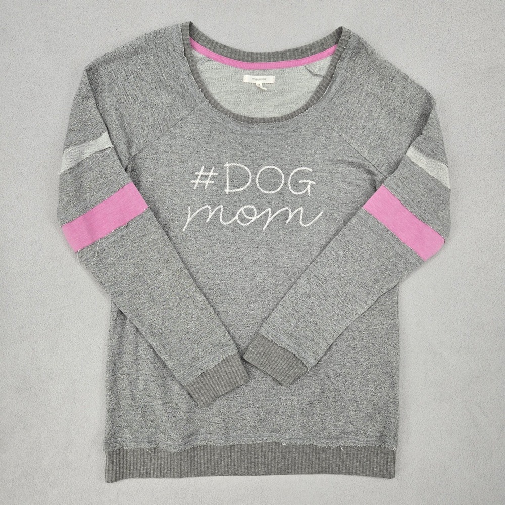 Maurices Womens MEDIUM Sweatshirt Dog Mom Gray Pink Varsity Stripe Pullover